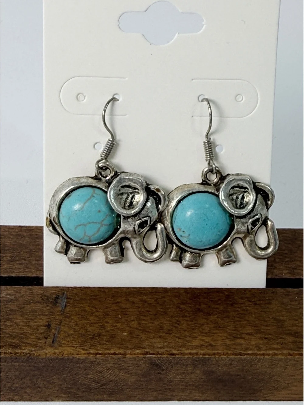 Silver-Tone Elephant Drop Earrings with Faux Turquoise Stone